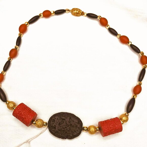 Vintage Lava & Tibetan Style Necklace – Mixed Materials, 48 cm - Picture 7 of 10